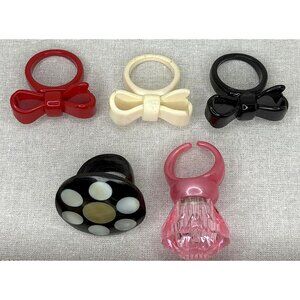Vintage Retro Set Of 5 Plastic Novelty Rings Bows Polka Dots Pink Costume